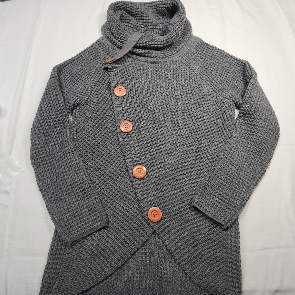 GRECERELLE Gray Waffle‎ Knit Cowl Neck Asymmetrical Button Sweater L